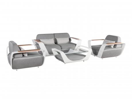 Set mobilier gradina de lux Higold Onda Designed by Pininfarina Italy, 2 fotolii, canapea 2 locuri, masuta de cafea, gri, cadru alb