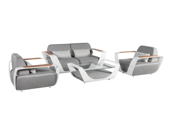 Set mobilier gradina de lux Higold Onda Designed by Pininfarina Italy, 2 fotolii, canapea 2 locuri, masuta de cafea, gri, cadru alb