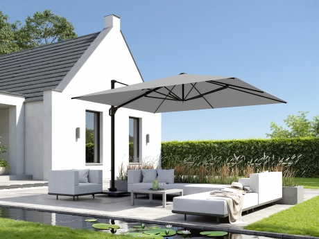 Umbrela terasa Platinum Challenger T2 Premium, 3x3 m, patrata, gri deschis, suport granit Modena negru 90 kg inclus