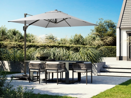 Umbrela terasa Platinum Voyager T1, 3x2 m, dreptunghiulara, gri deschis, suport granit Modena negru 90 kg inclus