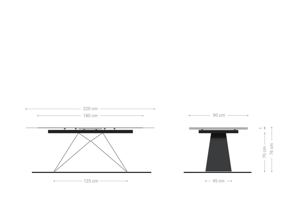 Masa de sufragerie Edge 180/220x90cm Sticla maro antic Picior central in forma de V Negru Extensibila