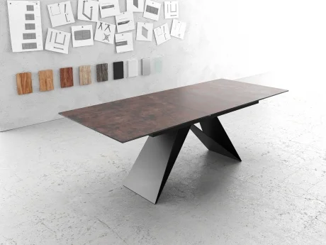 Masa de sufragerie Edge, 180/220x90 cm, sticla maro antic, picior central in forma de V, neagra, extensibila