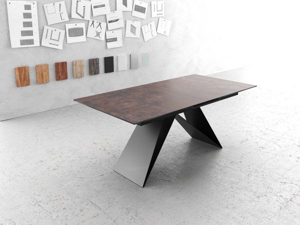 Masa de sufragerie Edge 180/220x90cm Sticla maro antic Picior central in forma de V Negru Extensibila
