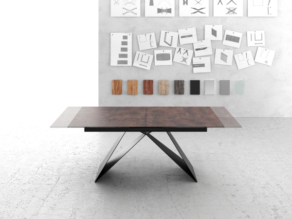 Masa de sufragerie Edge 180/220x90cm Sticla maro antic Picior central in forma de V Negru Extensibila