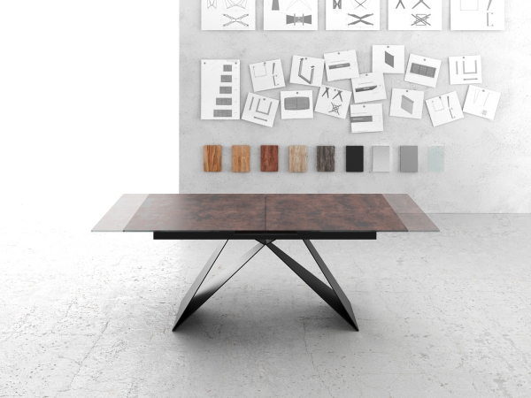 Masa de sufragerie Edge 180/220x90cm Sticla maro antic Picior central in forma de V Negru Extensibila
