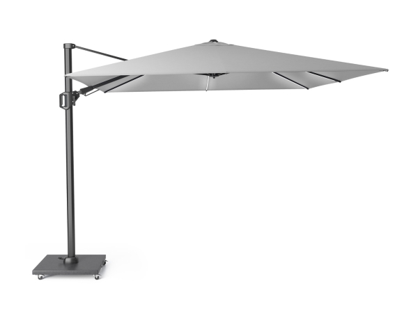 Set umbrela terasa / gradina Platinum Challenger T2 Premium cu LED, 3x3 m, patrata, gri deschis, suport granit Sorrento negru 90 kg inclus