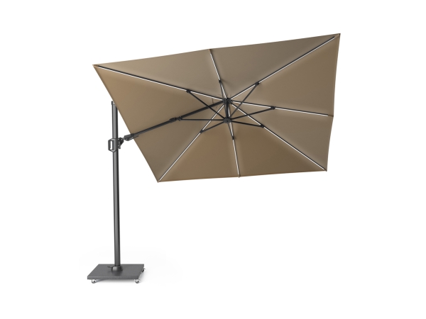 Set umbrela terasa / gradina Platinum Challenger T2 Premium cu LED, 3x3 m, patrata, bej, suport granit Sorrento negru 90 kg inclus