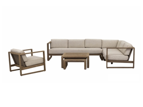 Set mobilier de gradina si terasa Apple Bee Antigua, coltar 5 persoane, fotoliu si set de 2 mese de cafea, tec, bej