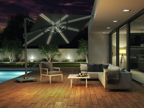 Umbrela terasa Platinum Challenger T2 Glow cu LED, 3x3 m, patrata, antracit, suport granit Modena negru 90 kg inclus