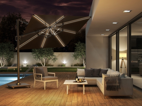Umbrela terasa Platinum Challenger T2 Glow cu LED, 3x3 m, patrata, bej, suport granit Modena negru 90 kg inclus