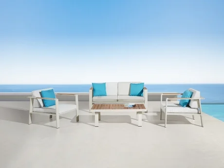 Set mobilier gradina si terasa Higold Nofi pentru 4 persoane, 2 fotolii, canapea 2 locuri si masuta, bej, perne decorative albastre