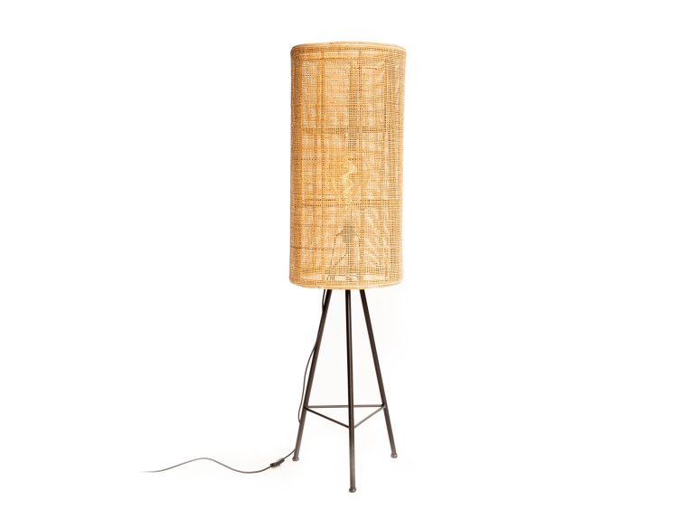 Lampa de podea din ratan tesut fin si metal, natural, diametru 40 cm, inaltime totala 150 cm