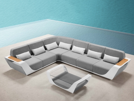 Set mobilier gradina de lux Higold Onda Designed by Pininfarina Italy, coltar si masuta, 5 locuri, gri, cadru alb