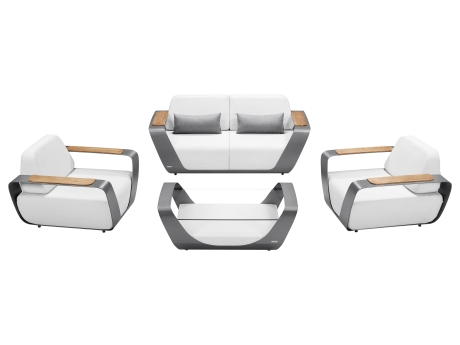 Set mobilier gradina de lux Higold Onda Designed by Pininfarina Italy, 2 fotolii, canapea 2 locuri, masuta de cafea, alb, cadru gri
