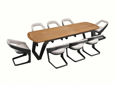 Set masa si scaune lux de gradina Higold Onda Designed by Pininfarina Italy, masa si 8 scaune, alb, cadru gri