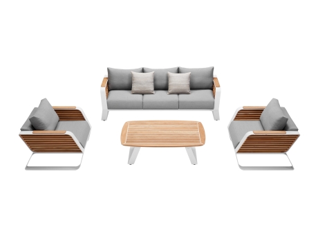 Set mobilier gradina si terasa Higold Wing, 2 fotolii, canapea 3 locuri si masuta, gri, cadru alb