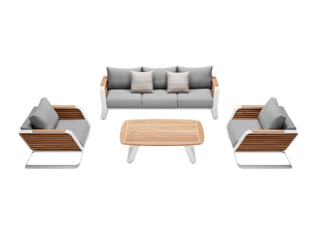 Set mobilier gradina si terasa Higold Wing, 2 fotolii, canapea 3 locuri si masuta, gri, cadru alb