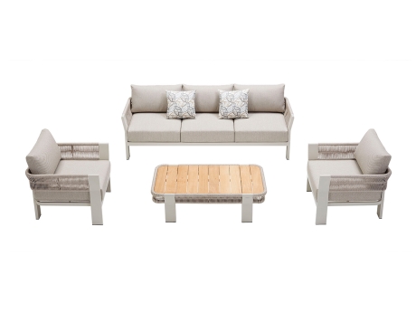 Set mobilier gradina si terasa Higold Borromeo, 2 fotolii, canapea 3 locuri si masuta, bej, cadru bej