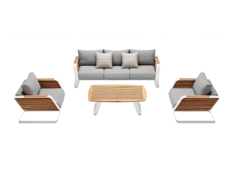 Set mobilier gradina si terasa Higold Wing, 2 fotolii, canapea 3 locuri si masuta, gri, cadru alb