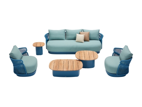 Set mobilier gradina si terasa Higold Aio, 2 fotolii, canapea 3 locuri si masuta, verde, cadru albastru