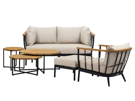 Set mobilier gradina si terasa Apple Bee Condor, canapea 2 locuri, otoman, fotoliu si set 3 masute de cafea, bej, cadru din aluminiu negru