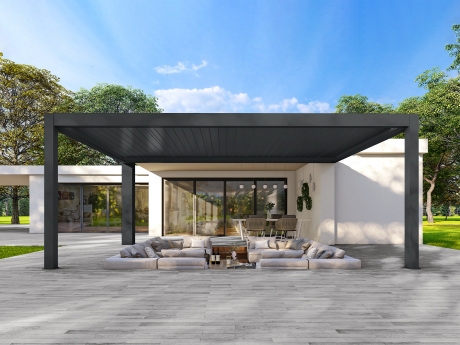 Pergola bioclimatica Aplux ProMax electrica cu LED, aluminiu, 4x6 m cu patru stalpi, antracit
