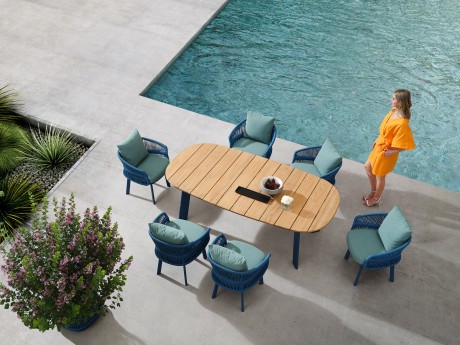 Set masa si scaune gradina Higold Aio, masa ovala si 6 scaune, verde, cadru albastru