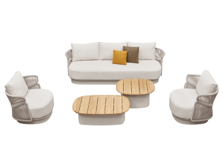 Set mobilier gradina si terasa Higold Aio, 2 fotolii, canapea 3 locuri si masuta, alb, cadru bej