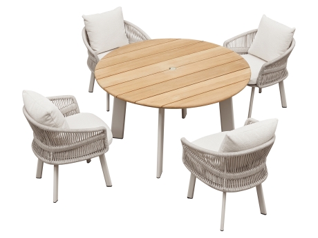 Set masa si scaune gradina Higold Aio, 4 scaune si masa rotunda, alb, cadru bej